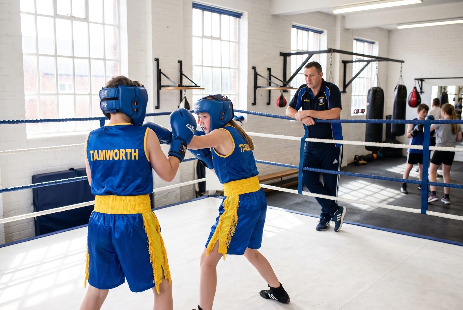 Two juniors in headguards doing light technical sparring in the ring