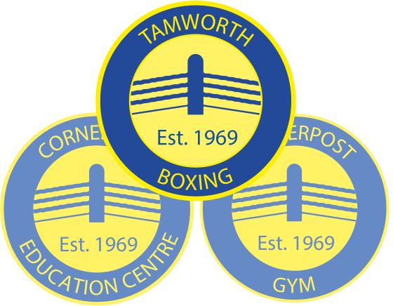 The Tamworth Boxing crest cluster — three roundels for the club, the CornerPost Education Centre and the CornerPost Gym, each marked Est. 1969